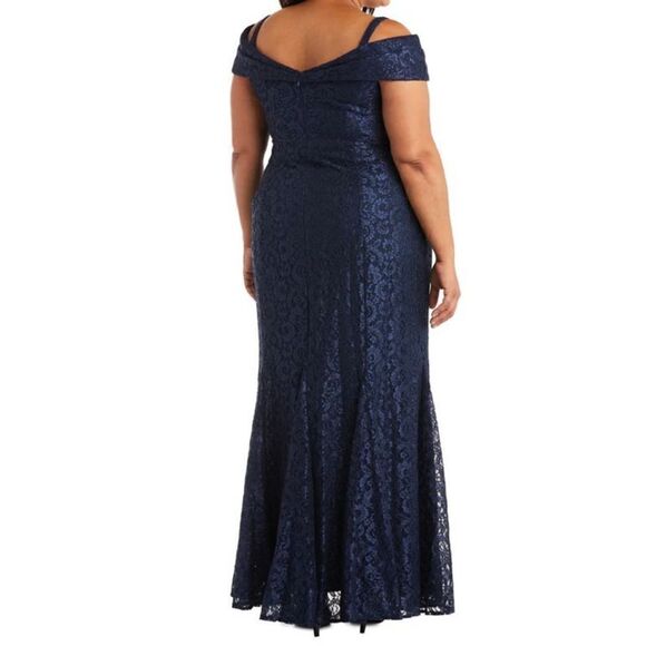 R&M Richards Navy Off the Shoulder Fishtail Evening Gown with Full Body Shimmer - Picture 2 of 12